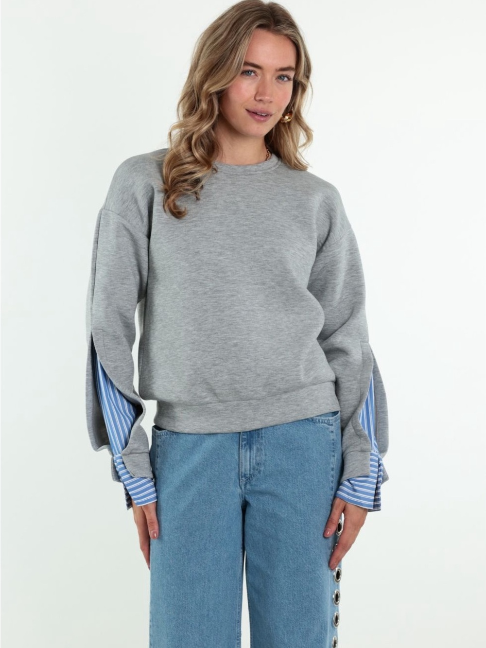 Commense Gray Layered Split Sleeve Sweatshirt Blue Striped Cuffs Size M